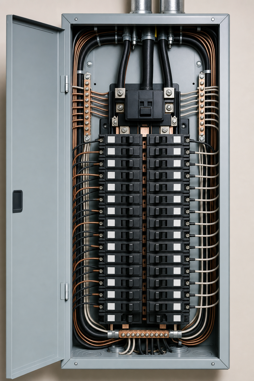 Open electrical panel with circuit breakers